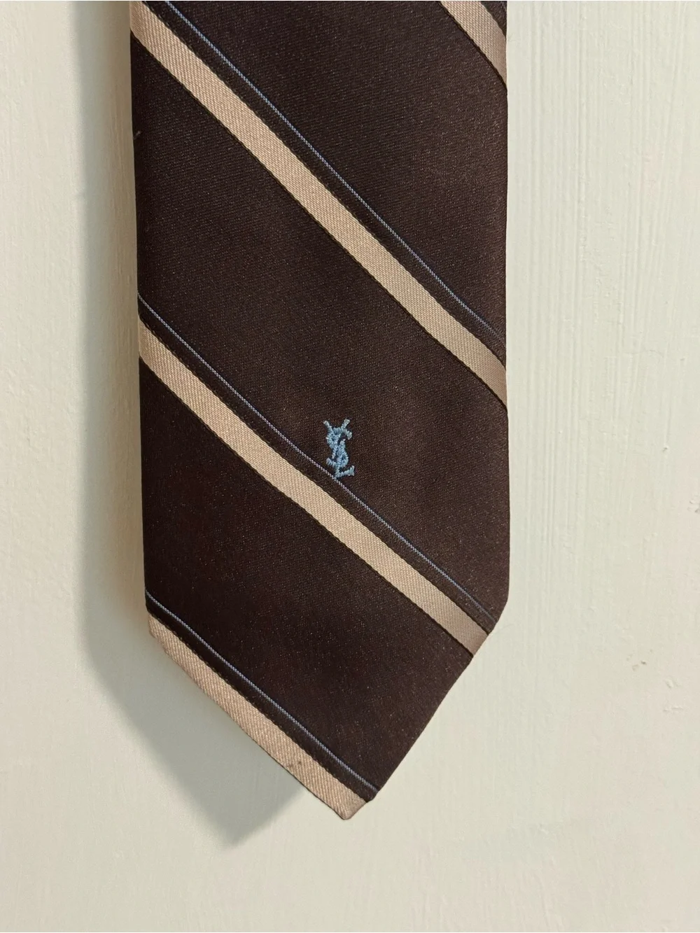Yves Saint Laurent Brown Tie with Beige Stripes and Light Blue Logo